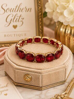 Ruby Red Crystal Bracelet, Gold Statement Bracelet, Red Gemstone Jewelry, Game D